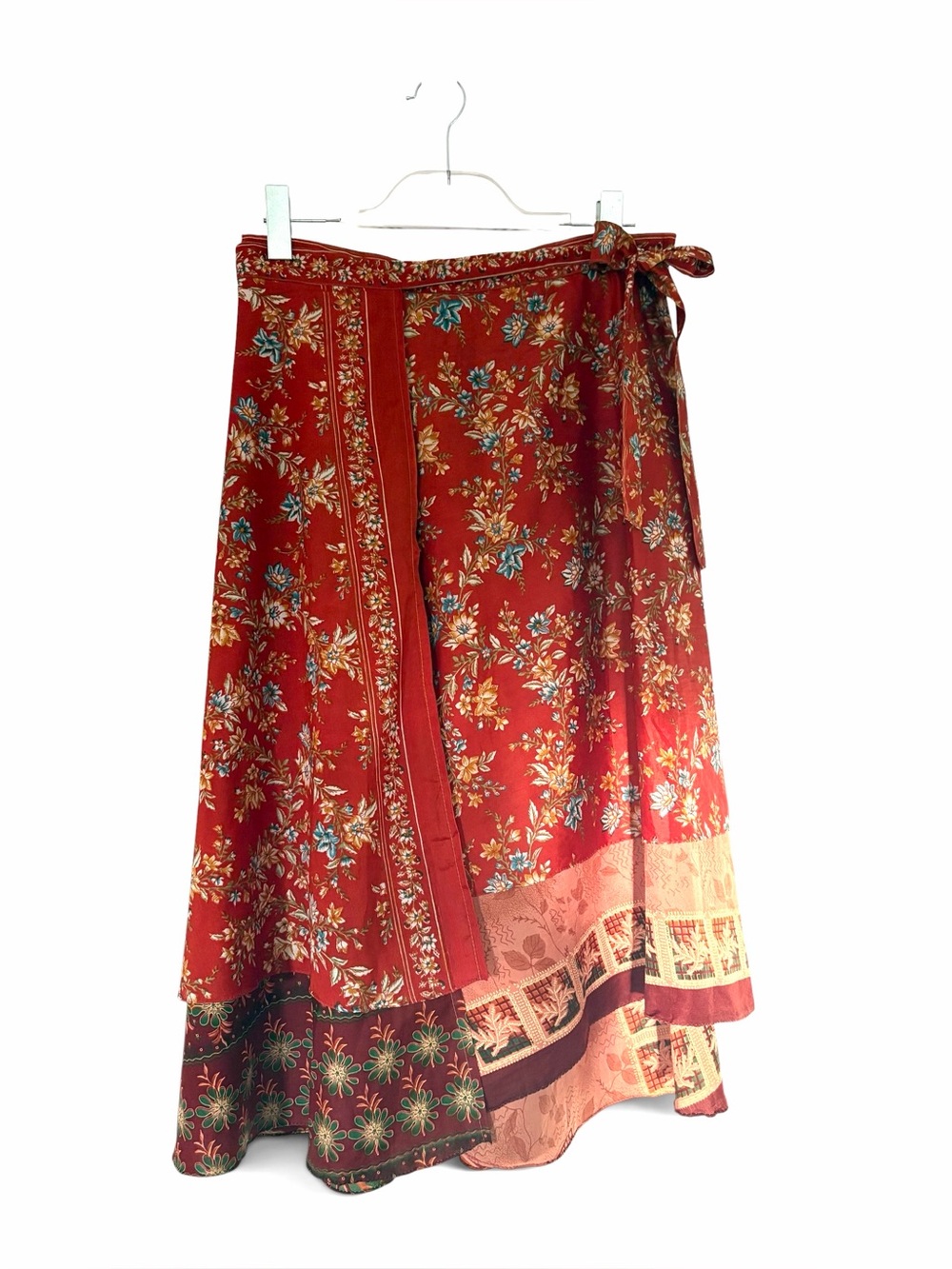 EARTHBOUND Boho Floral Wrap Skirt with Multicolor Border - Red/Rust